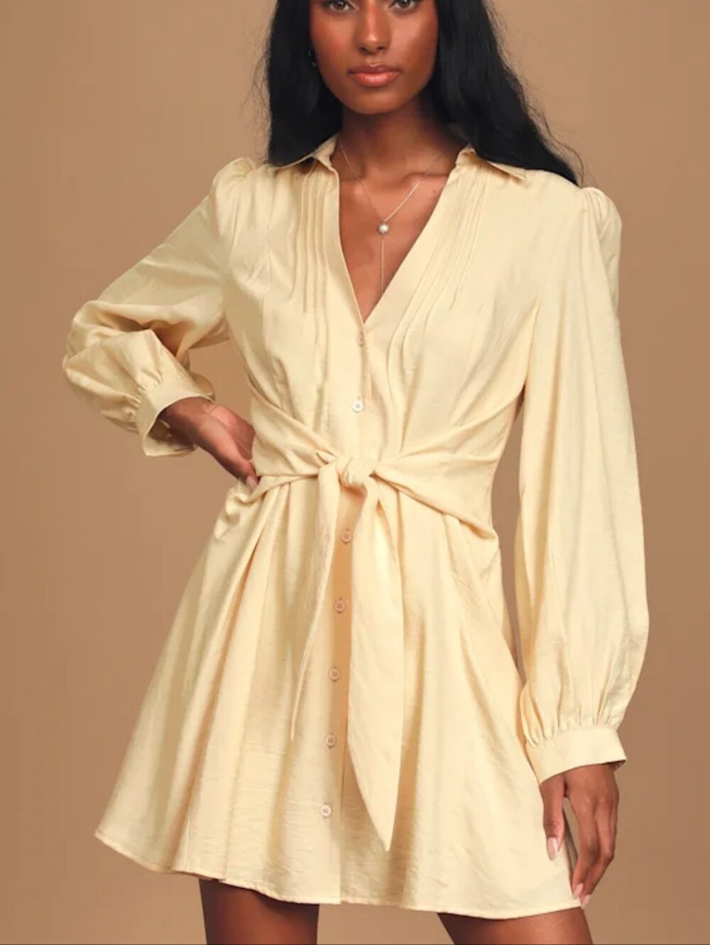 Lulus Sway of Life Cream Button-Up Tie-Front Shirt Dress sz S Long Sleeve EUC - Picture 2 of 16